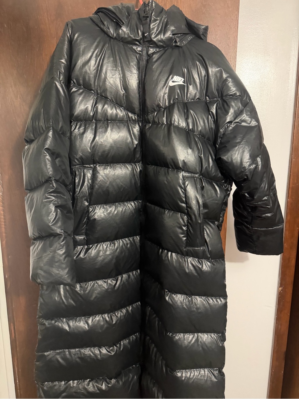 Nike Black Long Hooded Quilted Puffer Coat